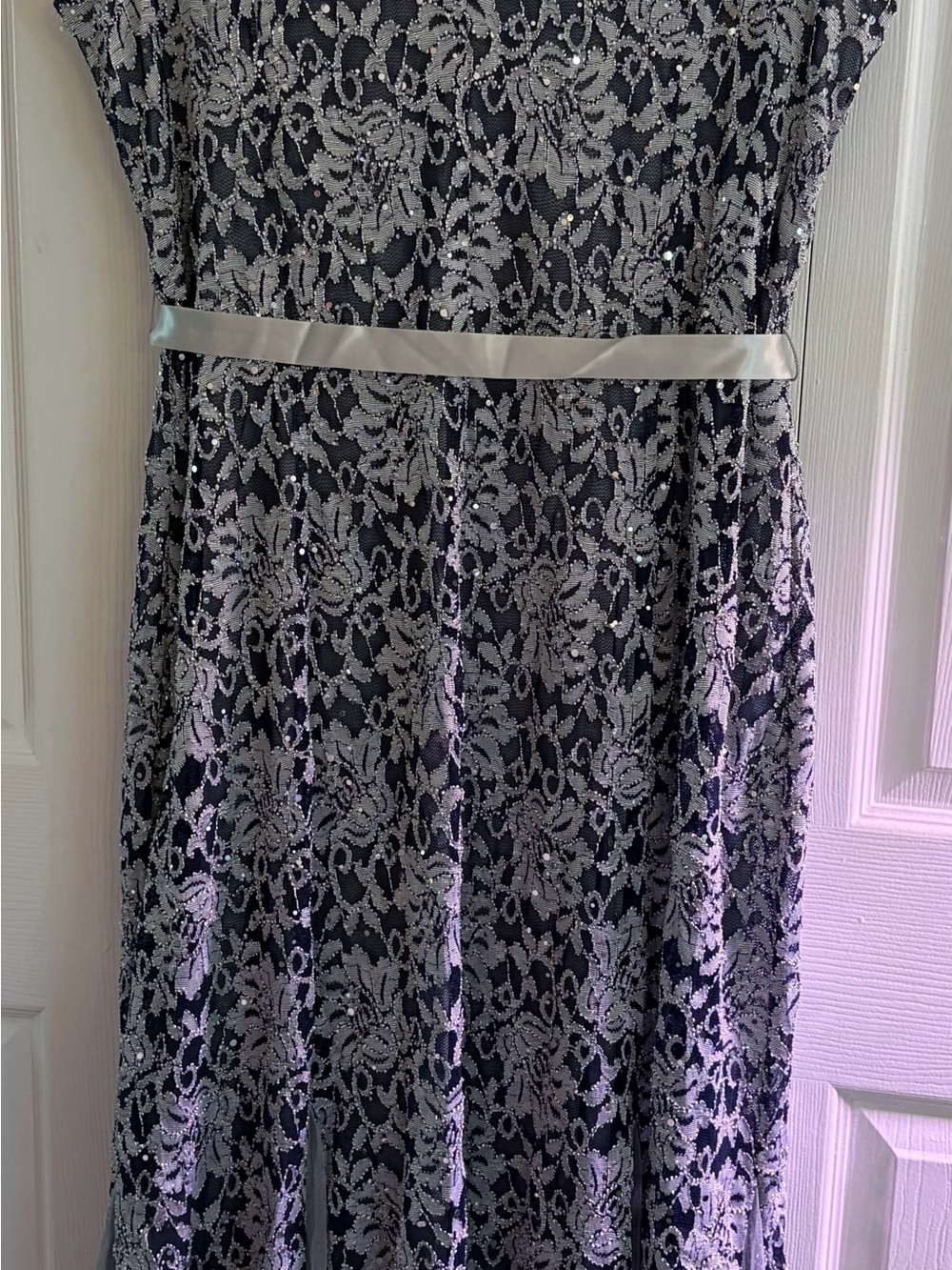 Elegant Navy Blue Evening Dress with Silver Lace Overlay and Sequins